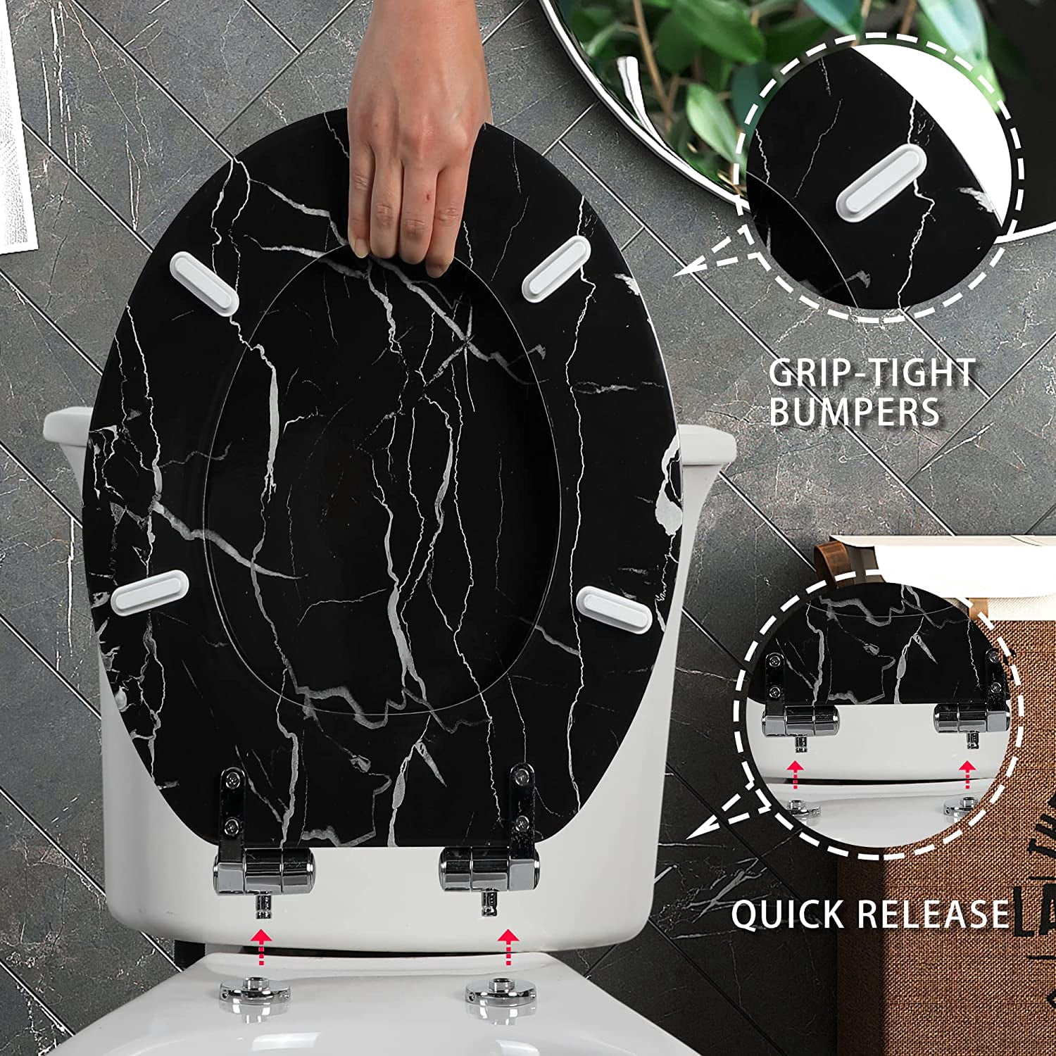 Marble Toilet Seat Durable Molded Wood with Quiet Close,Easy Clean，Quick-Release Hinges (Elongated,Black Marble)