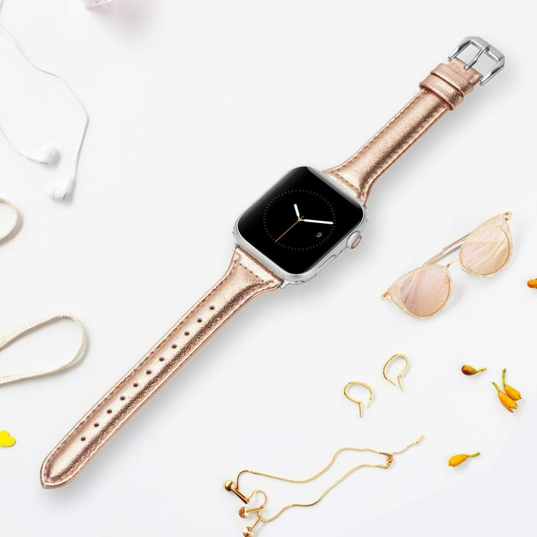 Wearlizer Womens Rose Gold Leather Apple Watch Band 42mm 44mm 45mm