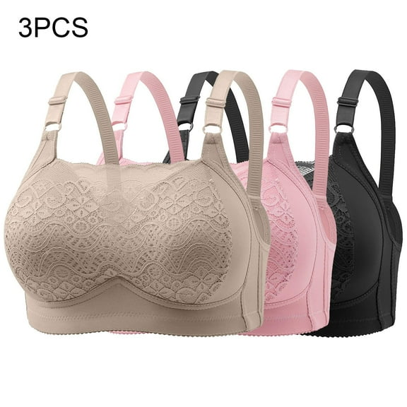 WREESH 3 Pack Full Support Bra Women Embroidered Glossy Comfortable Breathable Bra Underwear No Rims Lace Padded Bra Underwear Beige