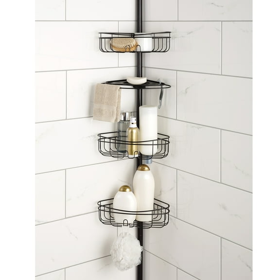 Mainstays 4-Tier Tension Pole Shower Caddy with Adjustable Baskets, Soap Tray in Oil-Rubbed Bronze