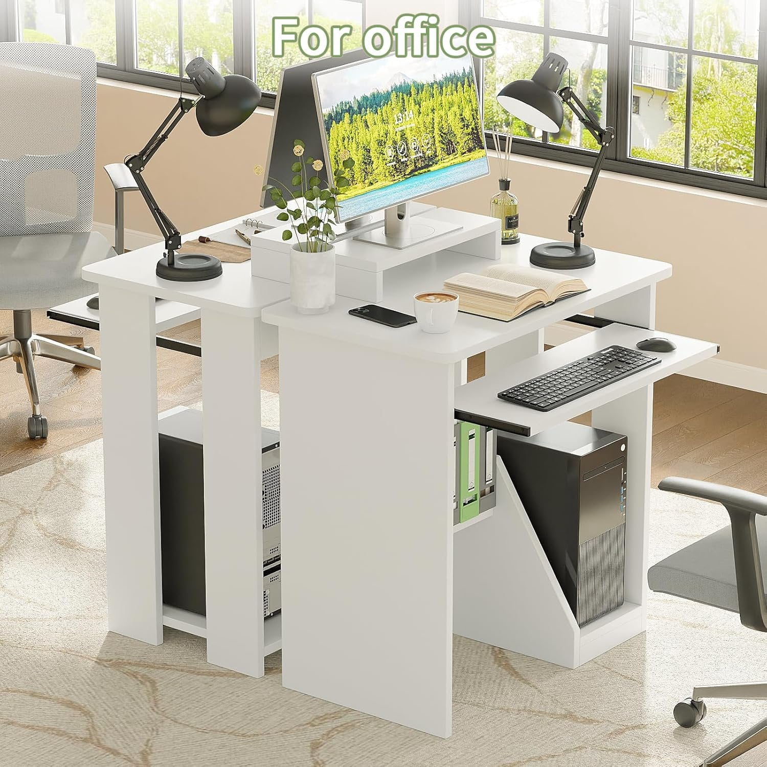 30" Small  Desk with Keyboard Tray  Stand, Study Writing Desk with Storage Shelves, Modern Workstation for Small Spaces, Save Space, White