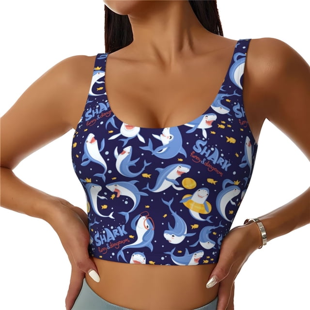 Balery Cute Shark Sujetadores deportivos con espalda cruzada para mujer, acolchados, sin costuras, de alto impacto, ideales para yoga, gimnasio, entrenamiento y fitness.-X-Large