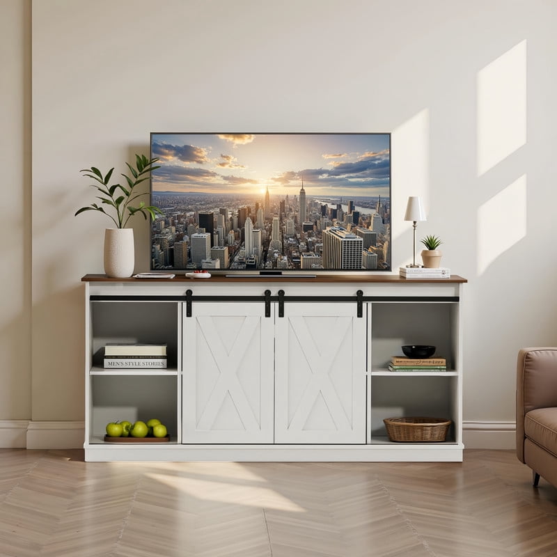 Kelno TV Stand for 65 Inch TV with Sliding Barn Doors Storage Shelves Farmhouse Entertainment Center Media Console Cabinet, White