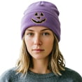 thumbnail image 4 of SYMOID Purple Cuffed Knit Beanie, Hall-oween Pumpkin Face Embroidered Acrylic Winter Skull Cap for Men Women Hats,Size Free Size, 4 of 6
