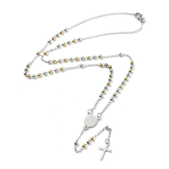 Non-Tarnish 202 Stainless Steel Rosary Bead Necklaces Cross Pendant Necklaces Stainless Steel Color 19-3/4 inch(50cm)