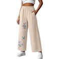 thumbnail image 2 of Tbopshirt Pants for Women Elastic Waist Floral Embroidery Wide Leg Capri Pants Side Pockets Textured Casual Trousers,Beige,M-4XL, 2 of 7