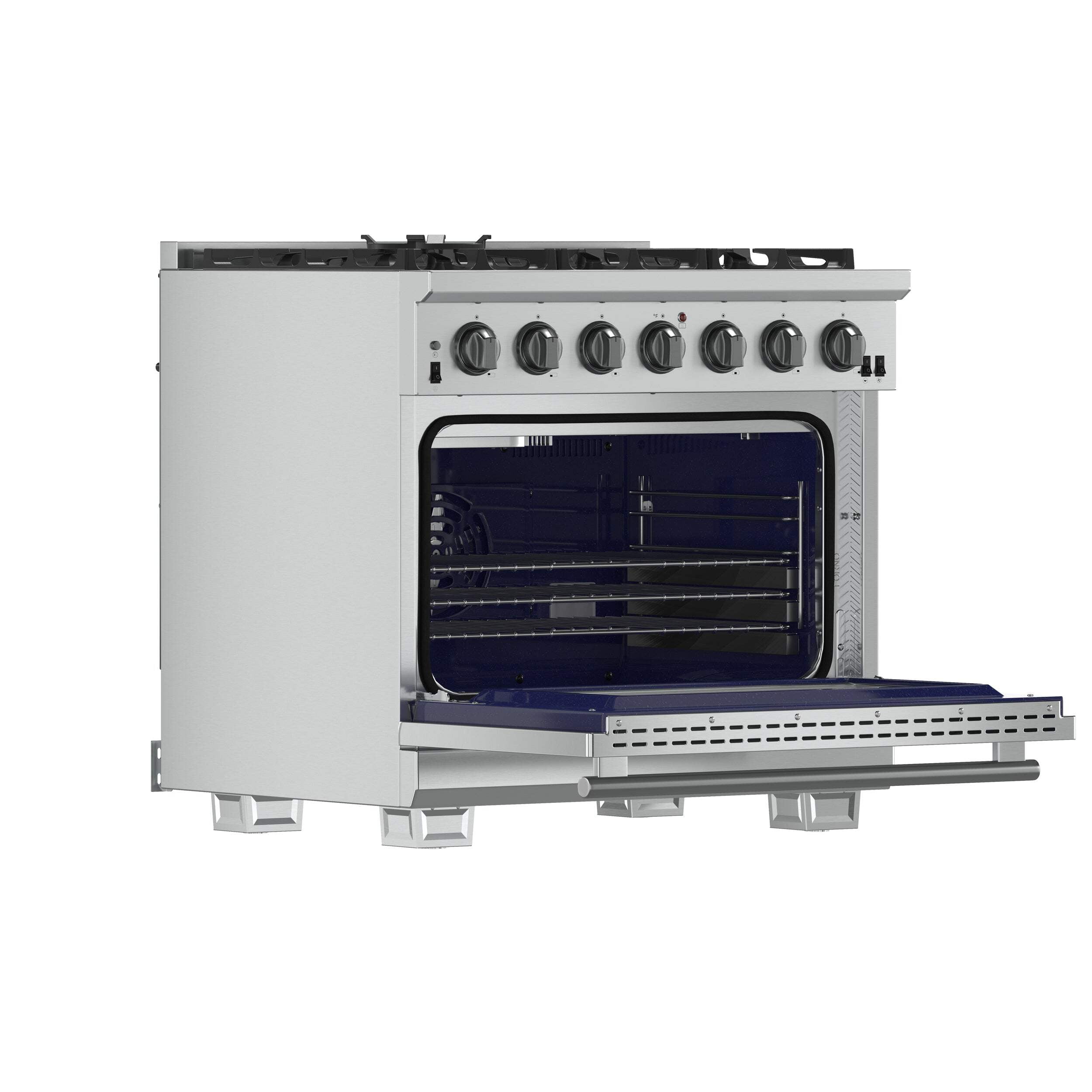 FORNO Capriasca 48-inch Freestanding Gas Range All Stainless Steel, 8 Brass Burners 160,000 BTU, Wok Support & Griddle, 6.58 cu.ft. Double Ovens with Rotisserie