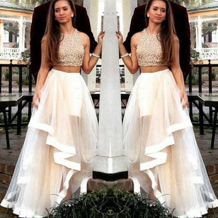 Two Piece Evening Bridesmaid Tulle Dress Formal Pageant Prom Party