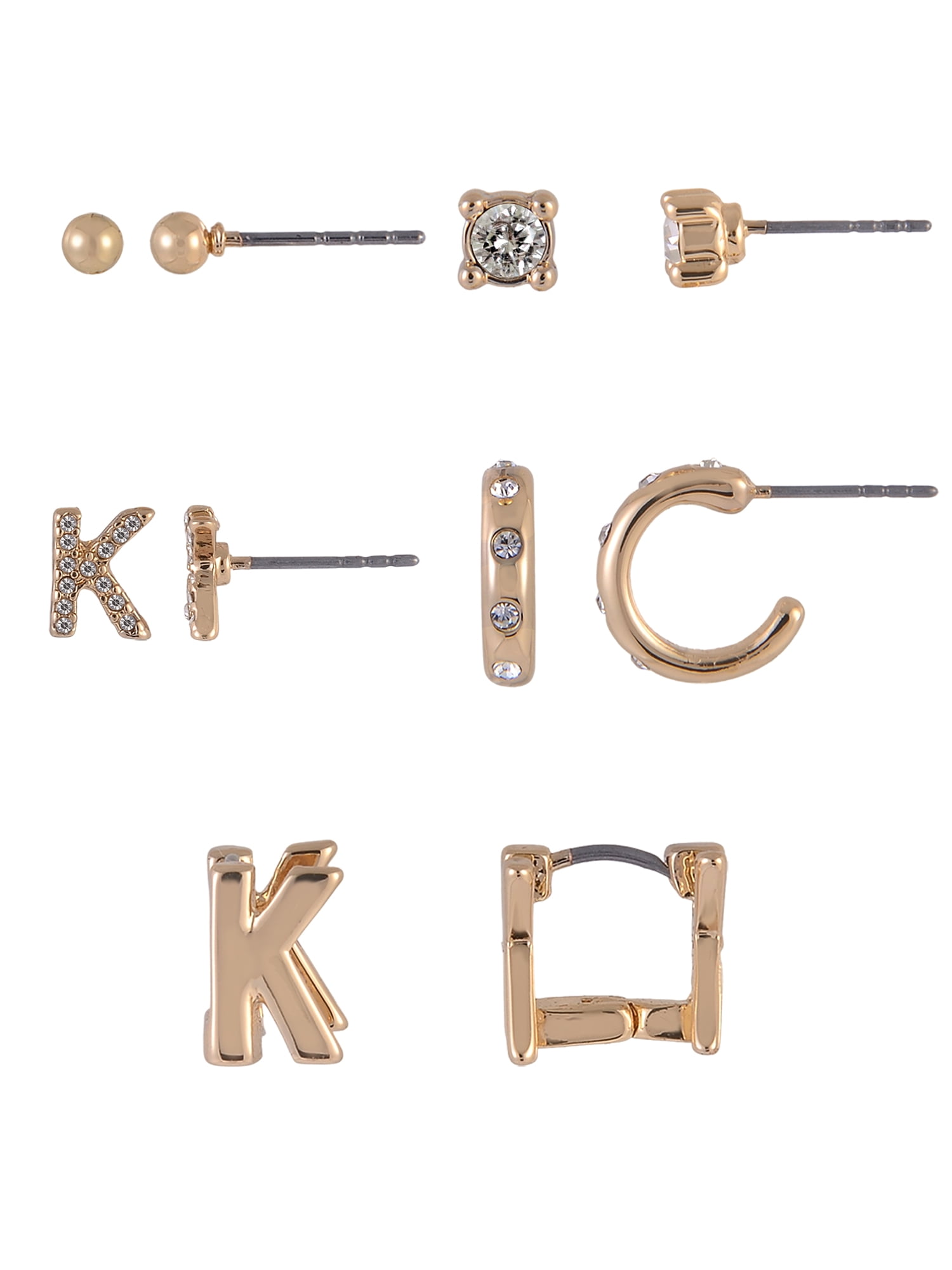 Time and Tru Goldtone 5pc Crystal Studs Hoop Initial "K"Earring Set