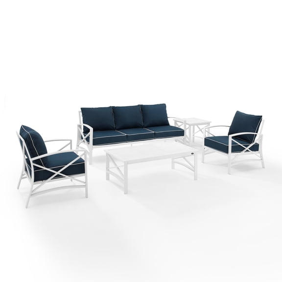 Crosley Furniture Kaplan White 5 Piece Outdoor Sofa Set with Navy Cushions