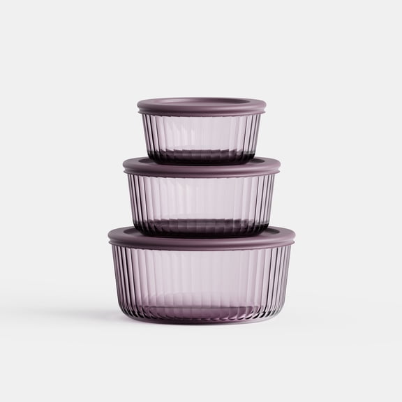 Genicook Stria Plum Round Borosilicate Glass Food Storage Containers Set with Lids(3 Containers)