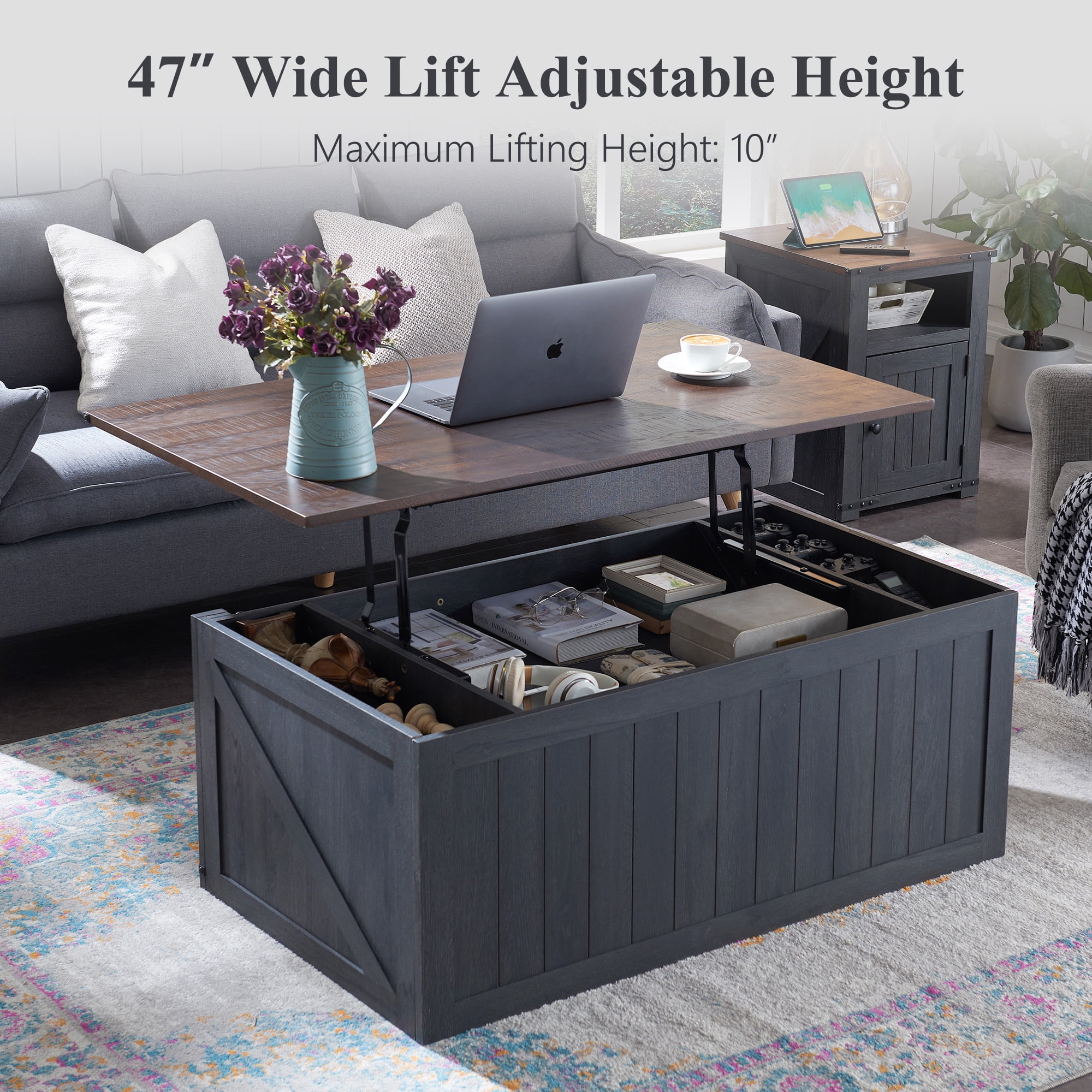 SinCiDo Farmhouse Coffee Table with Storage for Living Room, Lift Top Coffee Table w/Sliding Groove Barn Door