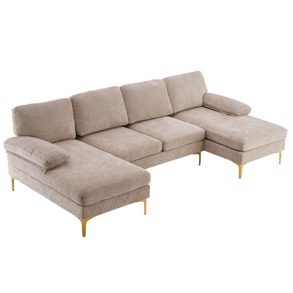 Modern U Shaped Convertible Sofa Couch, 113'' Modular Sectional Sofa with Tufted Back Cushion and Golden Legs, 4-Seat Sectionals Sofa Couch with Ottomans for Living Room (Chenille, Camel)