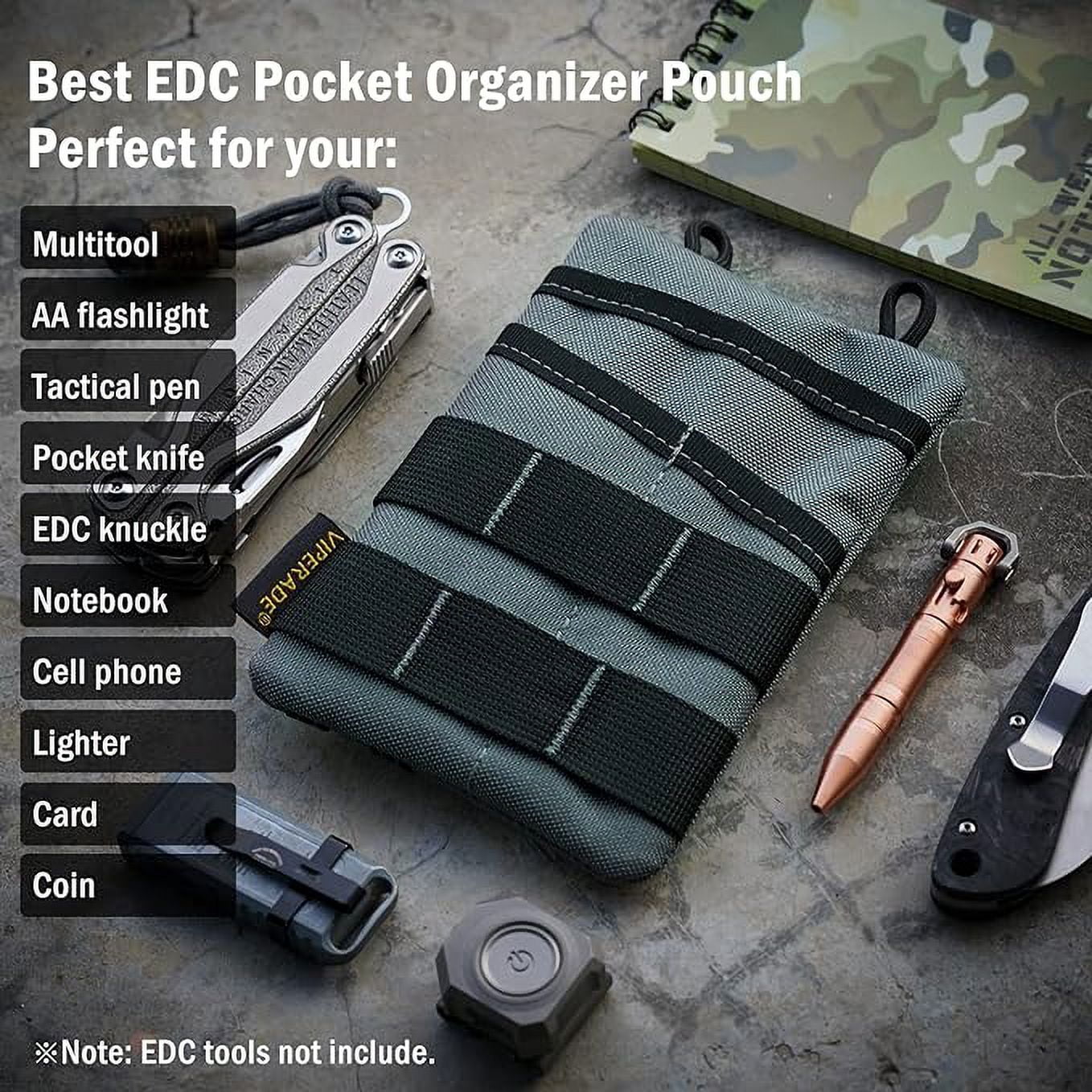 VIPERADE VE3 Tool Pouch Pocket Organizer, Nylon Tool Belt Loop Pouch with 4 Pockets Tool Storage EDC Pouch for Flashlight/Pocket Knife, Tactical Pen, Notebook (Grey)