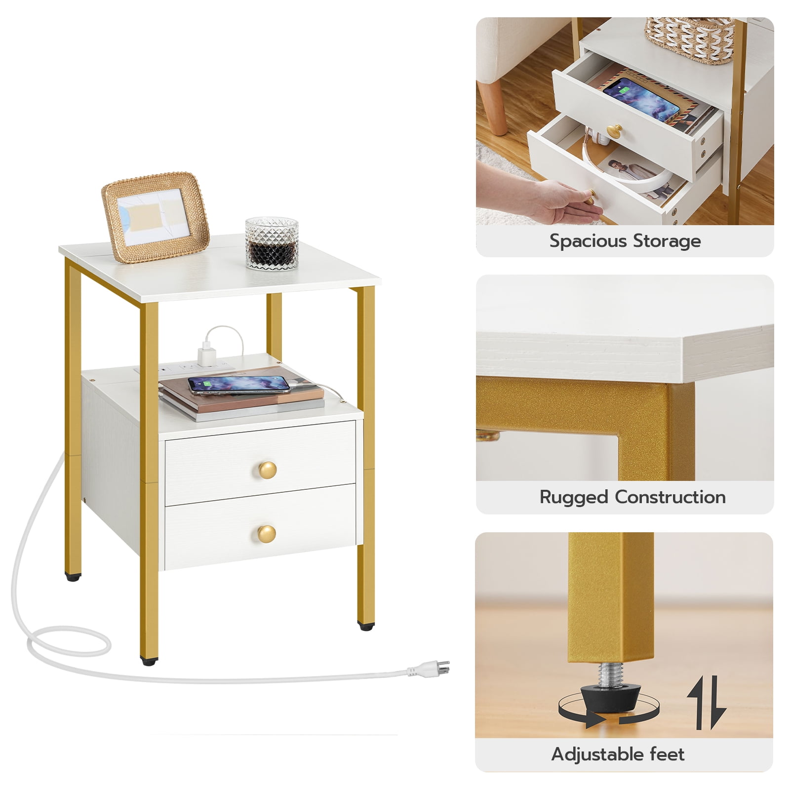 HOOBRO Nightstand with Outlets and USB Ports Coffee Table with Drawers Sofa Table Living Room Bedroom White and Gold DW43UBZ01