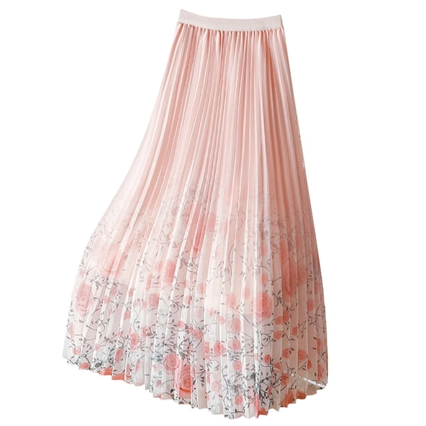 Falda Larga de Verano Señoras Casual Malla Floral Impresa Mediana Larga Falda Plisada, una Línea Mitad Del Cuerpo de la Falda de Hilo para la Primavera