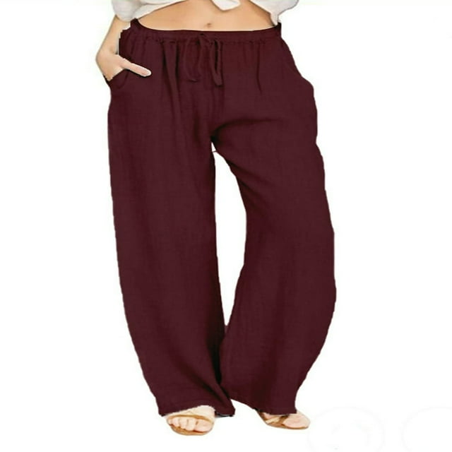 Women‘s Casual Linen Plus Size High Waisted Loose Fit Pants Drawstring Closure Gothic Trousers