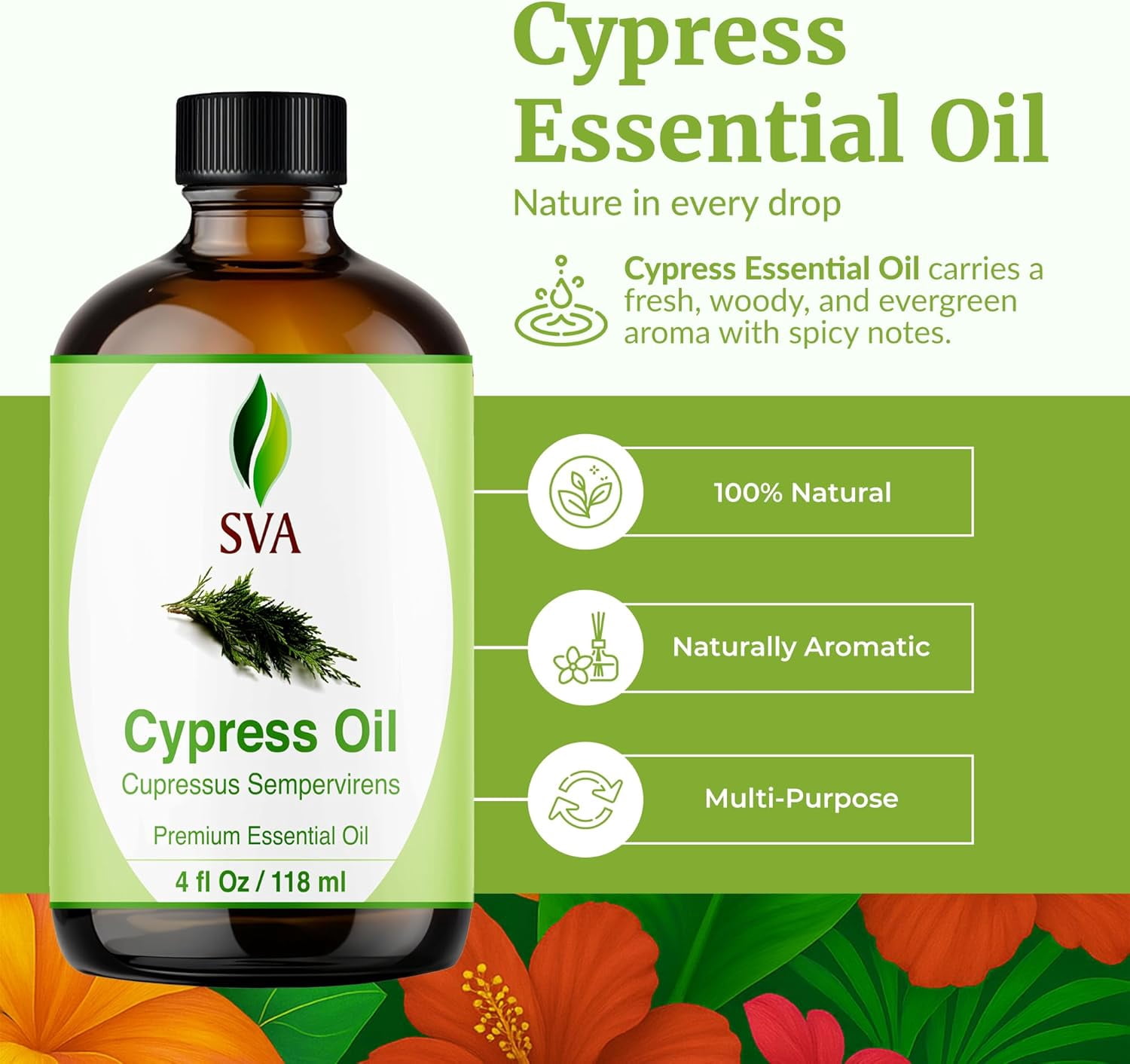 SVA Cypress Essential Oil – 4 Fl Oz – 100% Natural Cypress Oil - for Diffuser, Hair Care, Face, Skin Care, Aromatherapy, Scalp and Body Massage, Soap and Candle Making – with Dropper