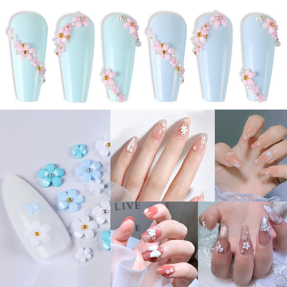 WOXINDA 3D Flower Nail Charms For Acrylic Nail 6 Grids 3d Nail Flowers  Rhinestone White Pink Blue Cherry Acrylic Supplies With Pearls Manicure Diy  Nail Decorations 