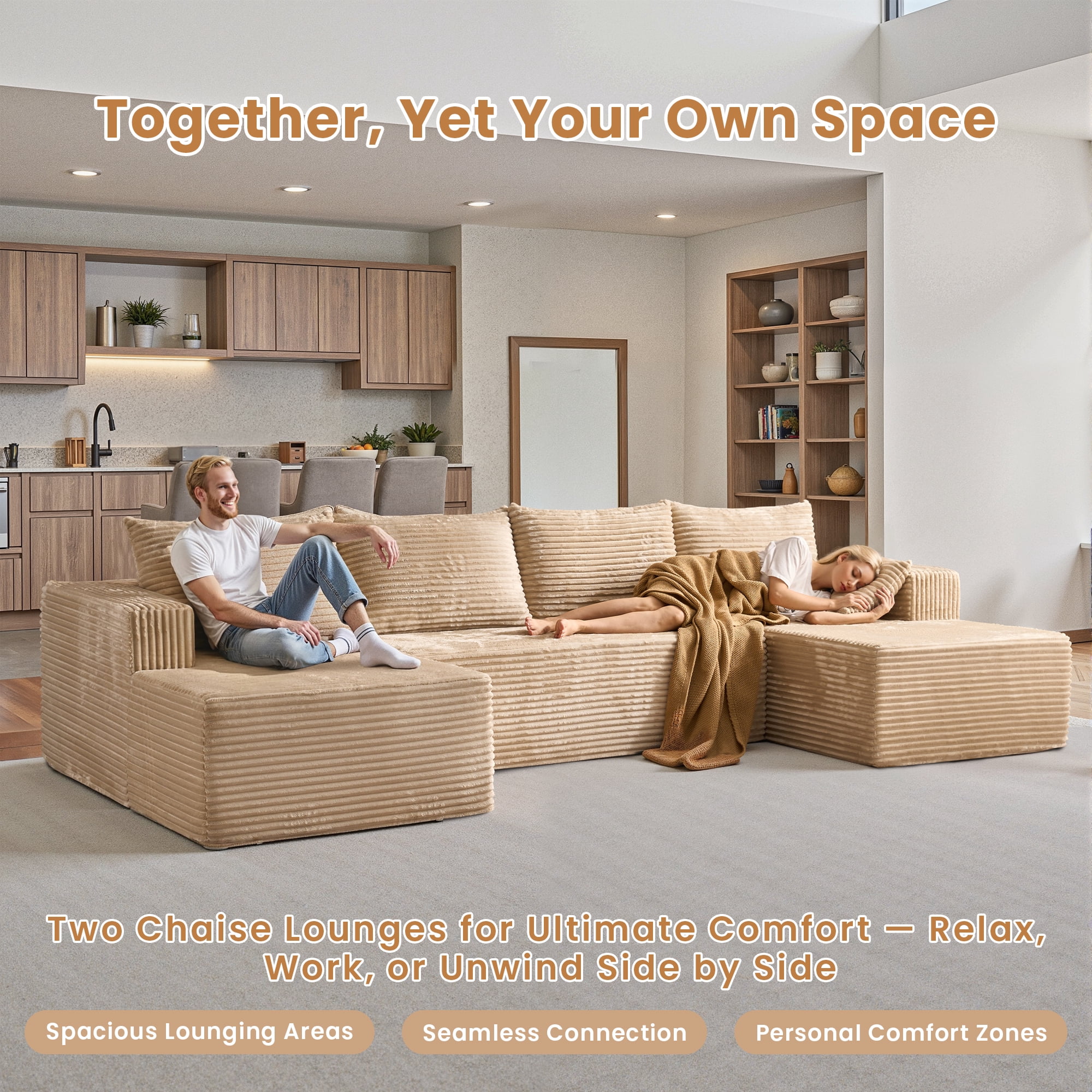 Toject 135" Modular Sectional Sofa, Cloud Modern Sleeper Couch with Chaise Lounge, No Assembly Required, U-shaped Plush Corduroy Sofa Couch for Living Room, Beige