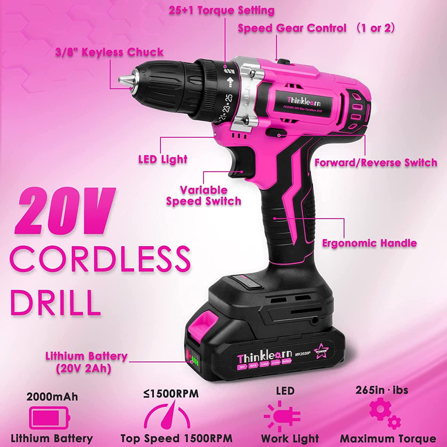 ThinkLearn 20V Pink Cordless Drill Tool Kit, 175-Piece Set photo 6