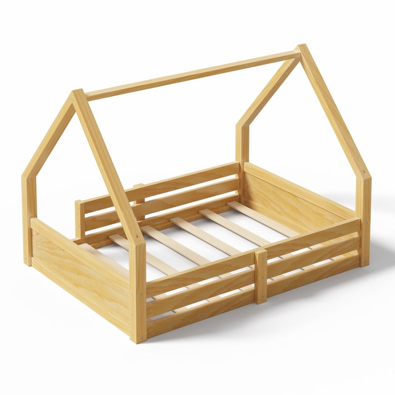 Euroco Wood Full Size Platform Bed, Low Profile House Floor Bed with Guardrails, White