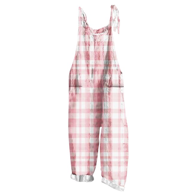 Lenpel Women's Jumpsuits Plus Size Sleeveless Spaghetti Strap Striped Plaid Straight Leg Rompers Causal Loose Overalls with Pockets