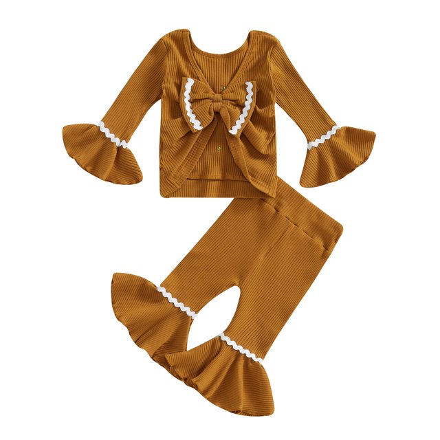 Gupgi 2Pcs Toddler Girl Christmas Outfits 0-4 Years Buttons Ric-Rac Long Sleeve Tops and Flare Pants