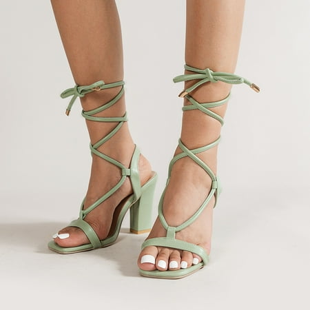 

Cross Strap High Heels Ankle Strap Sandals Lace Up Square Toe Chunky Heel Shoes Solid Color Party Pumps