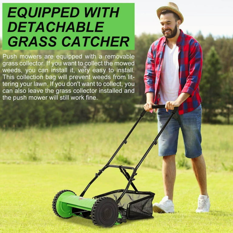 NiamVelo 2 Wheels Push Lawn Mower 15-inch Adjustable Cutting/ Handle Height  Walk-Behind Lawn Mowers with Grass Catcher, Green 