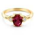 thumbnail image 2 of Gem Stone King 18K Yellow Gold Plated Silver Red Created Ruby and White Moissanite 3-Stone Rings for Women (1.43 Cttw, Gemstone July Birthstone, Oval 8X6MM, Available in Size 5, 6, 7, 8, 9), 2 of 4