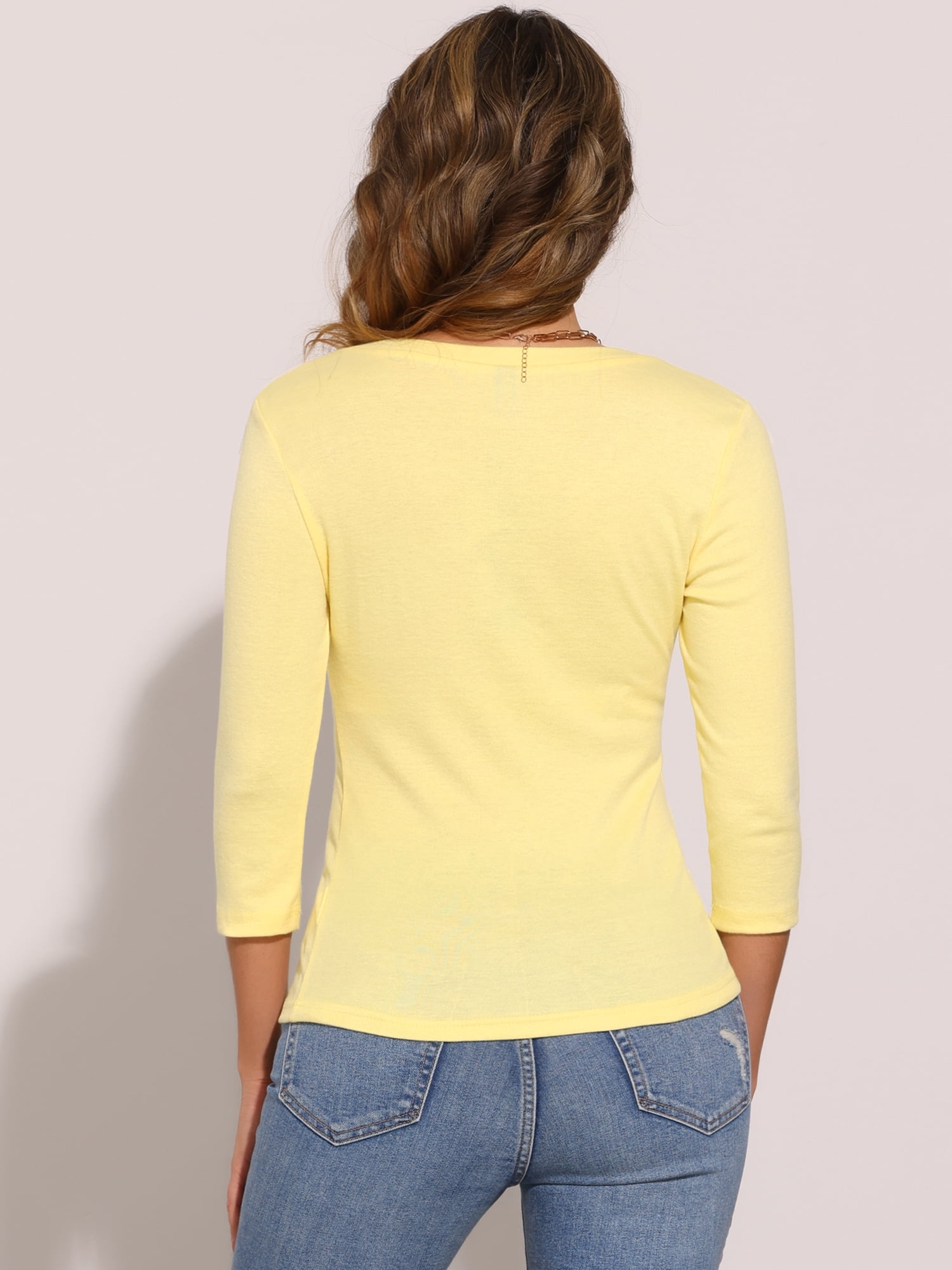 DARING DIVA V Neck 3/4 Sleeve Ruched Blouses Tops L Light Yellow
