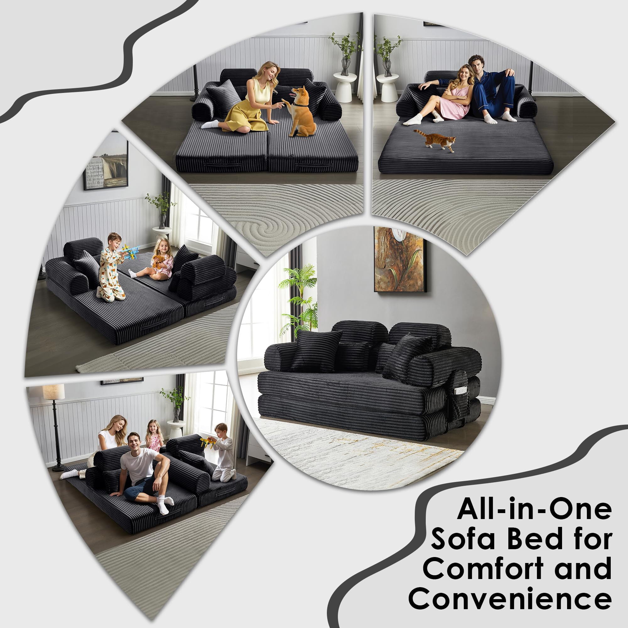 Howcool 78.5” Convertible Sleeper Sofa Bed, Foldable Corduroy Loveseat Couch, Boneless Compression Sofa with Memory Foam, No Assembly Required,Black