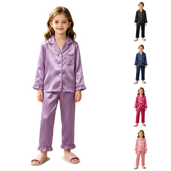 RUTAYY Boys Pajama Set Long Sleeve Turndown Collar Long Pants Solid Color Contrast Ruffle Hem Kids Night Suit Purple