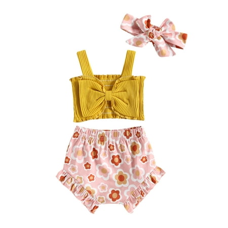 

Infant Baby Girls Summer Outfit Ribbed Bowknot Strap Tank Tops Floral Ruffle Shorts Headband 3Pcs Clothes Set Boho