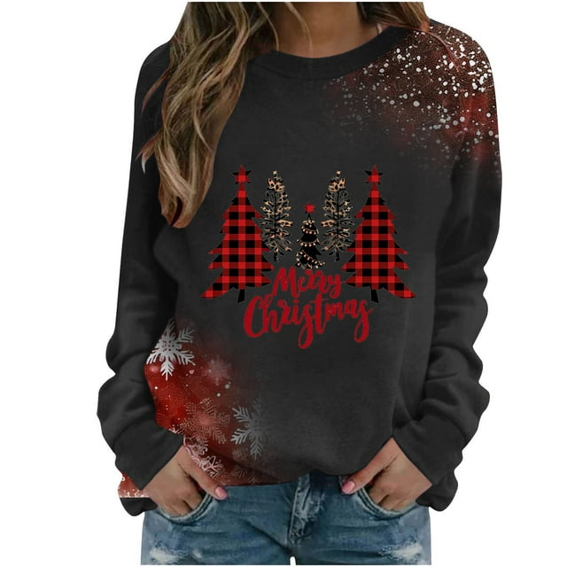 Staron Chandail de Noël pour Femmes à Manches Longues, Joyeux Noël, Imprimé Léopard à Carreaux et Arbre, Chandails Décontractés à Col Rond, Hauts Mode, Chandail Laid, Cadeaux pour Femmes à Moins de 25