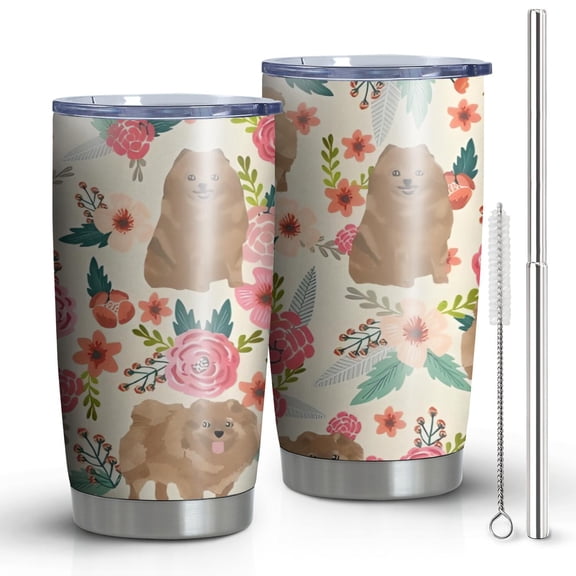 20 Oz Pomeranian Dogs and Flowers Coffee Tumbler Double Wall Insulated Stainless Steel Water Bottle | Metal Reusable Thermoses Flask with Cup Cap | Leak & Sweat Proof with Anti-Dust Lid