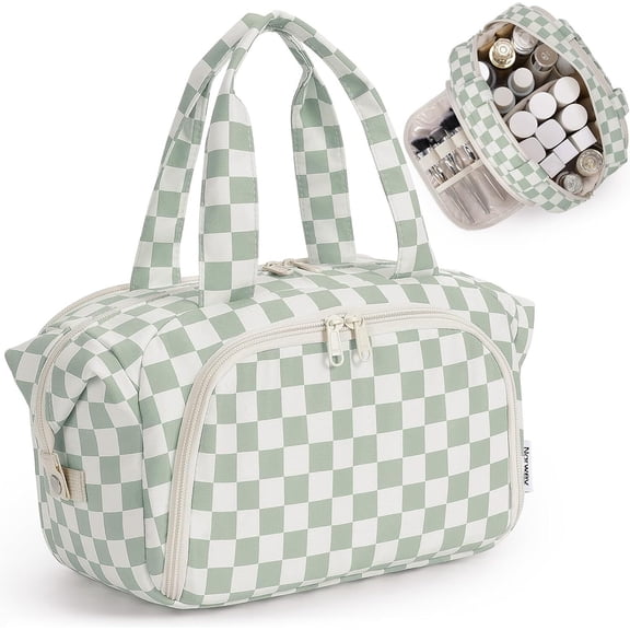 Makeup Bag Travel Toiletry Bag for Women, Wide Open Large Cosmetic Bags Make up Organizer with Handle, Wet Pocket, for Towel Toiletries, Checkerboard
