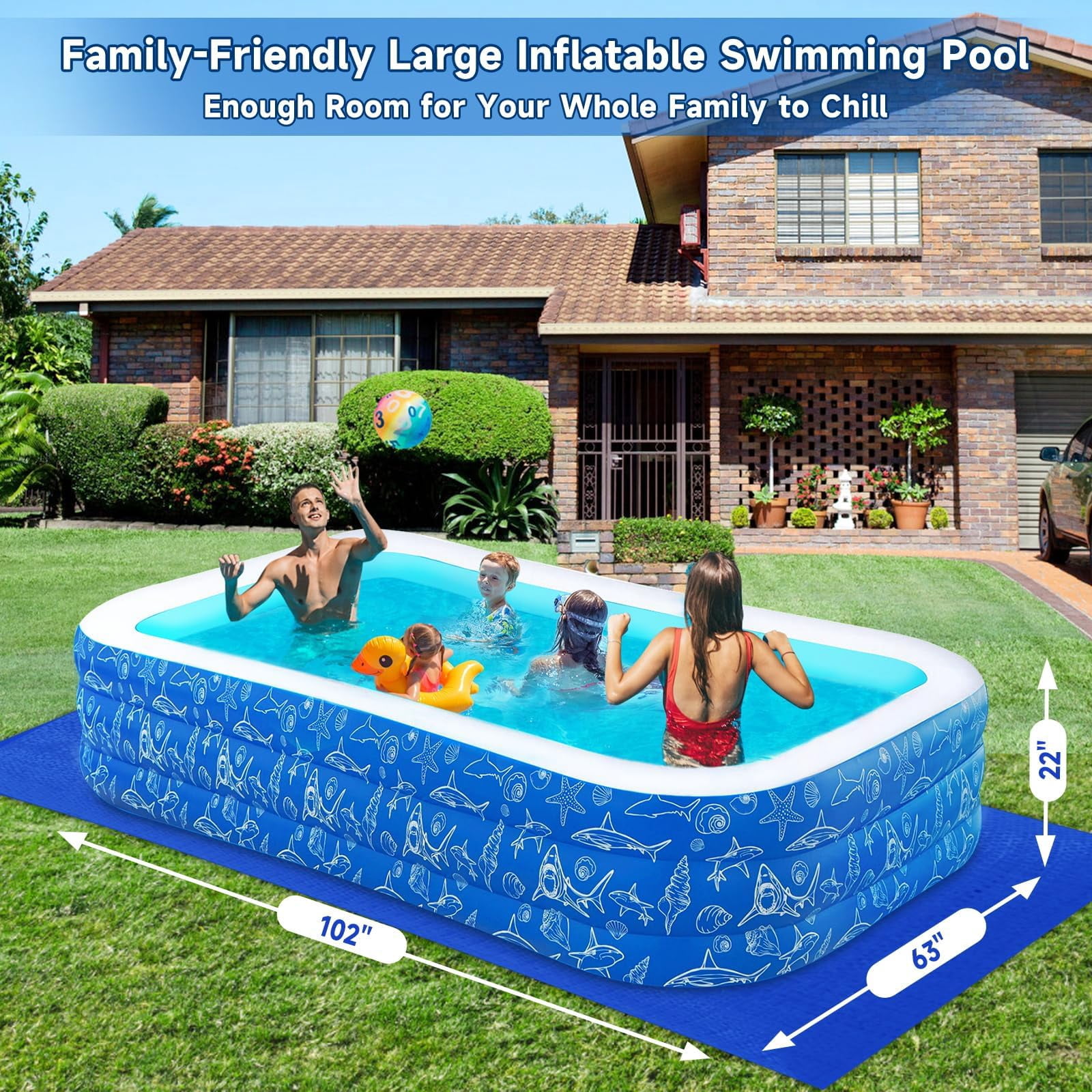 MammyGol Inflatable Pool for Kids and Adults, 102" x 63" x 22" Family Full-Sized Inflatable Swimming Pool,Durable Thickened Above Ground Blow Up Pool for Kids Pools for Backyard Indoor Outdoor Shark