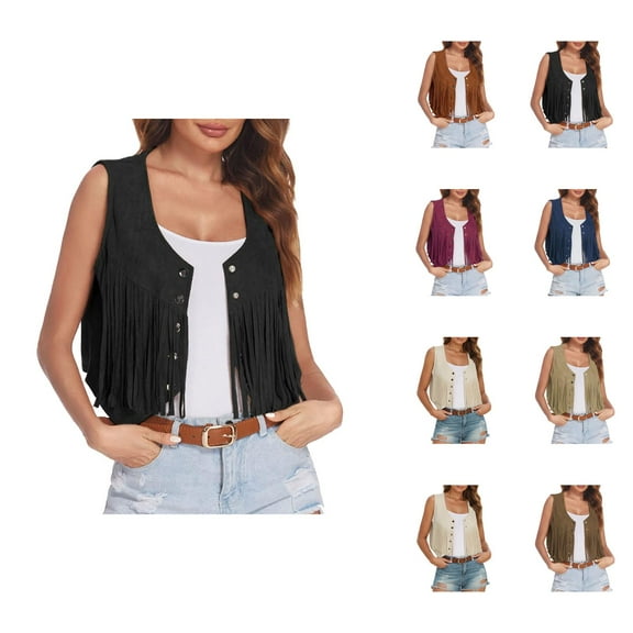 Fringe Vest for Women 2025 Sleeveless Suede 70s Hippie Western Cowgirl Tassel Button Vest Jackets Outerwear