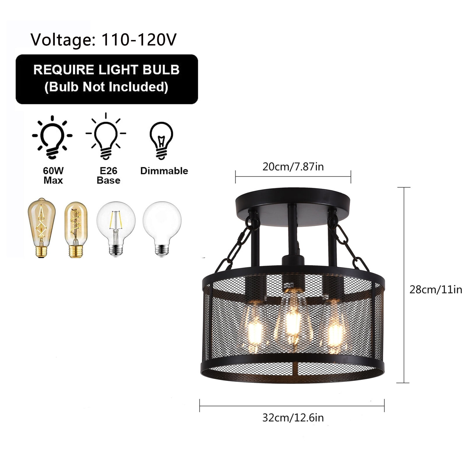 3 Light Farmhouse Loft Rustic Chandelier Pendant Ceiling Light Fixture Lamp 110-120V 60W 12.6*11in for Dining Rooms, Living Rooms, Kitchens