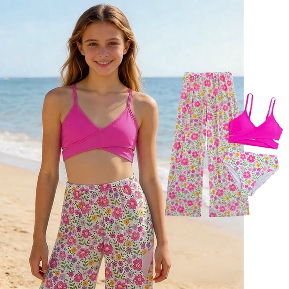 Girls Swimsuit 3 Piece Swimsuit with Pants Cute Summer Swimwear Girls Bathing Suit for 10-11 Years