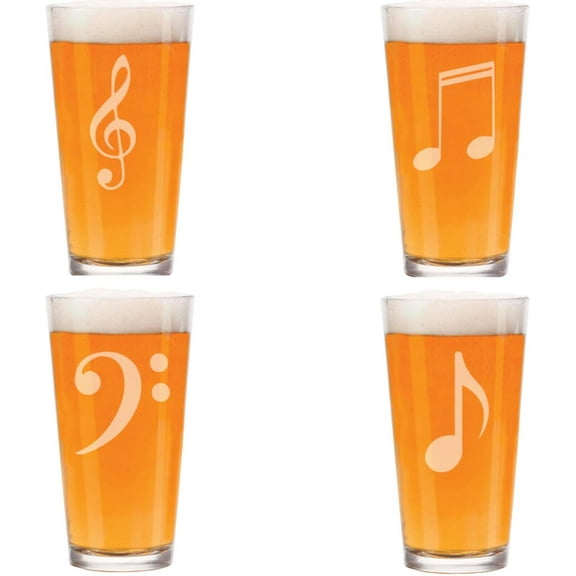 16 oz Beer Pint Glass Gift Set Of 4 Music Notes Collection