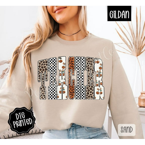 Leopard Checkered Teacher Sweatshirt, Trendy Women's Crewneck, Spooky Season Crewneck, Fall Teacher Sweater, Teacher Appreciation All Size S-5Xl