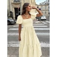 thumbnail image 2 of Apricot Gingham Square Neck Puff Sleeve Tiered Midi Dress For Women, 2 of 6