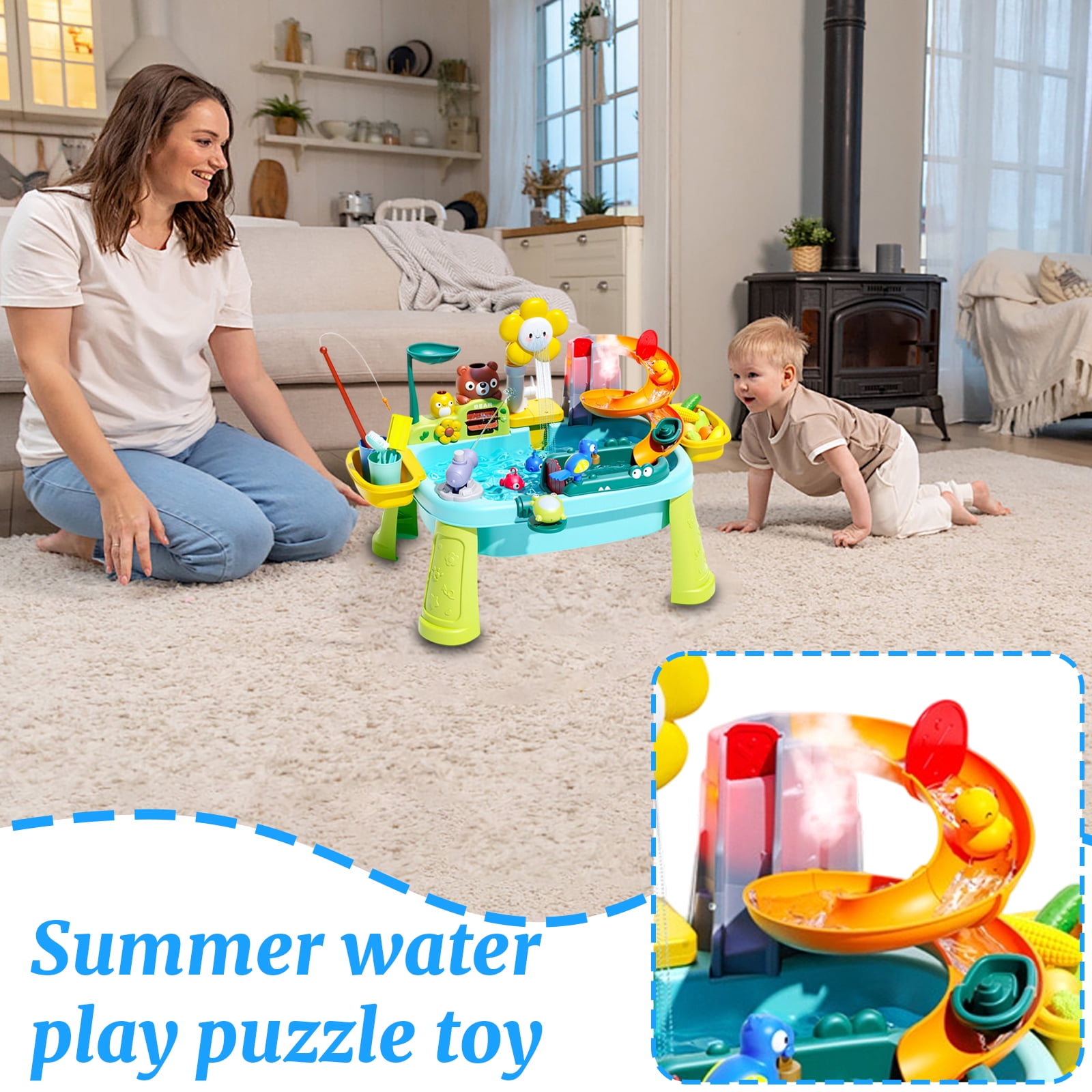 Water Play Table with Circulating Water Shower, Fishing Accessories & Interactive Play Features for Indoor Outdoor Use(23.2"L x 11.42"W x 16.5"H,Green)