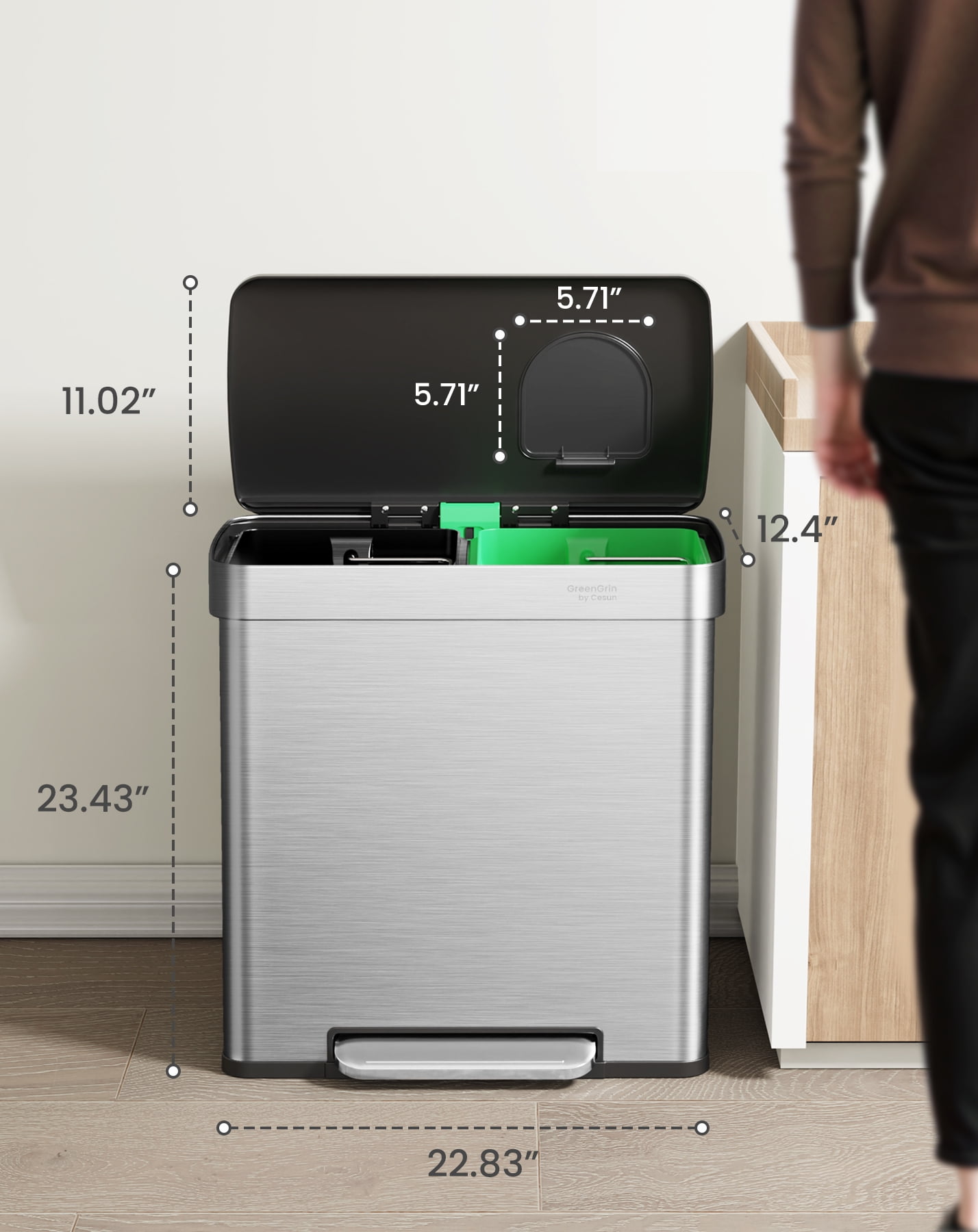 Cesun 16 Gal Dual Trash & Recycle Bin, Stainless Steel Step Kitchen Garbage Can, Push Flap, 30L+30L