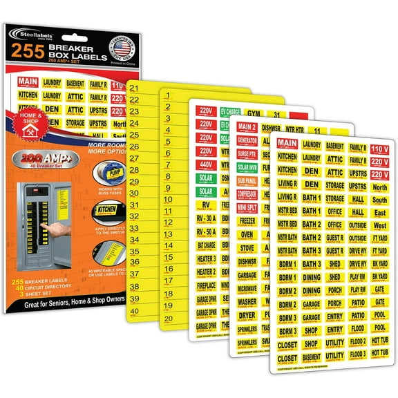 Circuit Breaker Labels - 200 AMP Edition, 255 Tough Vinyl Labels, Apply Directly to The Switch" or to Supplied 40 ct Directory, New Improved" Design Includes 19 Write on Labels
