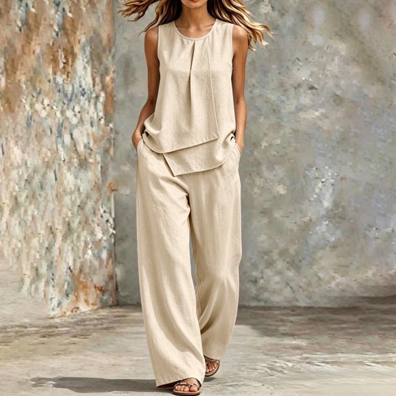 Karymi Cute Tops for Women Two Piece Outfit Set, Crew Neck Sleeveless Asymmetric Layered Tank Top, High Waist Wide Leg Pants with Pockets