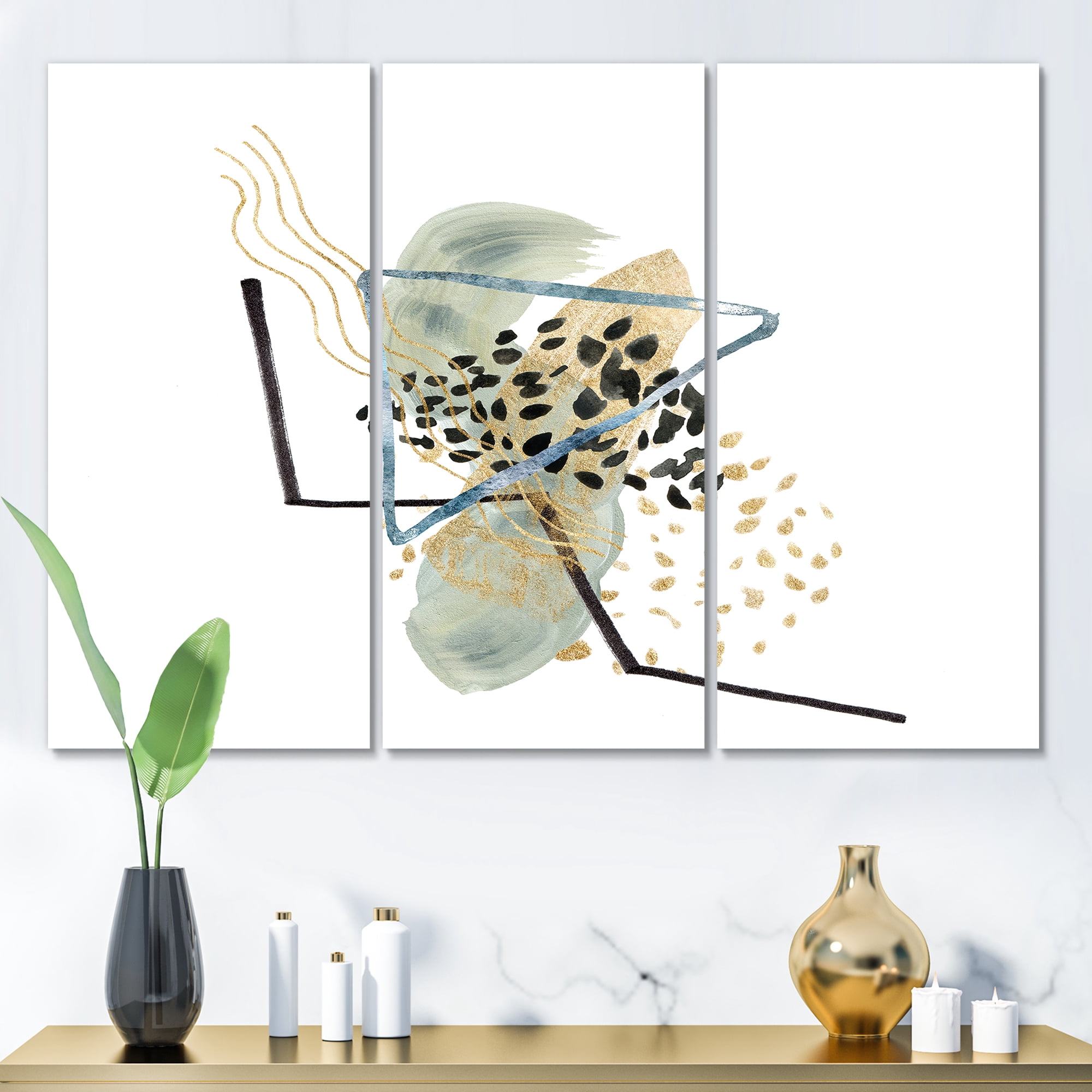 Designart ' Minimalistic Golden Polka Dots and Ink Mountains ' Modern Canvas Wall Art Print